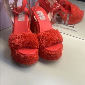 AGL platform coral Fuzzy Sandals holiday gift ready party celebration statement